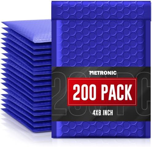 METRONIC Small Bubble Mailers 4x8 200 Pack Waterproof Blue Padded Envelopes by METRONIC