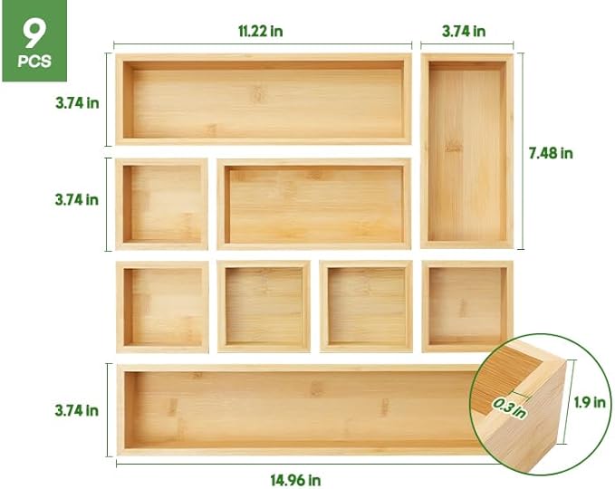 MapleGrace Bamboo Drawer Organizer Set, 9 PCS Wood Storage Organizers | Multi-Use Junk Drawer Divider, Storage Trays Containers for Kitchen, Bathroom, Office Desk, Makeup, Jewelry, Utensils - Image 7