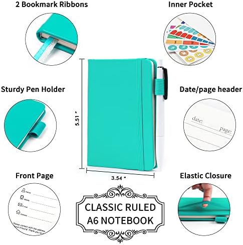 feela 15 Pack Pocket Small Notebooks Bulk, Mini Cute Memo Notepads Hardcover College Ruled Lined Journals with Pen Holder for Women Girls Office School, with 15 Black Pens, 3.5”x 5.5”, A6, Aqua - Image 2