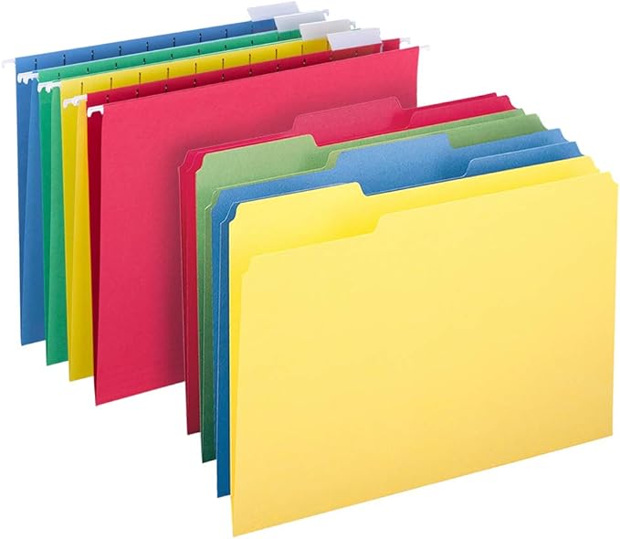 Smead Hanging File Folder Kit, Letter Size, Set of 24 Hanging File Folders and 24 Top Tab File Folders, Assorted Colors (Red, Yellow, Blue, Green) by SMEAD