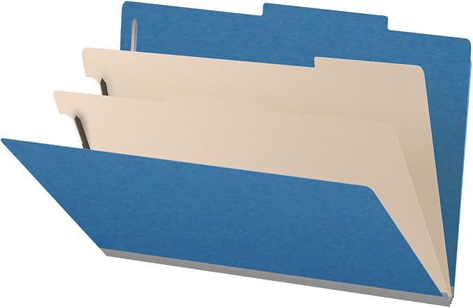 25 Pt. Pressboard Classification Folders, 2/5 Cut ROC Top Tab, Legal Size, 2 Dividers, Royal Blue (Box of 10) by Ecom+Folders