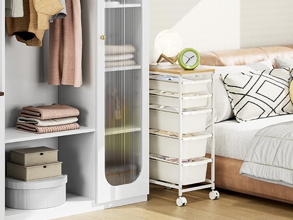 KINGBOARD Slim Rolling Cart with 5 Drawers, Metal Utility Storage Cart | Wooden Tabletop, Lockable Wheels, Table Side Trolley for Bedroom, Children's Room and Office Organization, White - Image 6