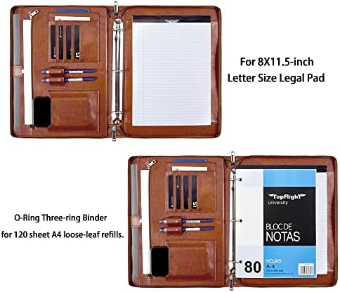 Vegan Leather Portfolio Binder, 3 Ring Binder Padfolio, Brown Leather Binder Portfolio with Zipper, Handmade Portfolio Oranizer, Personalized Portfolio Folder for Lefty & Righty (Brown, Non-Custom) - Image 3