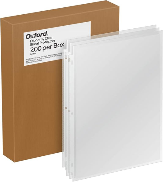 Oxford Sheet Protectors, Clear Finish, Page Protectors for 3 Ring Binder,Top Load, Letter Size Plastic Sleeves, Reinforced 3 Hole Punch for Binders, 200 per Box (33268) by Oxford