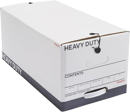 STAPLES Storage & Filing Box, Heavy-Duty with Handles & String-Button Lid, Letter Size Documents, Stackable, 4-Pack, White/Gray | Heavy-duty boxes with handles and string-button lid for document storage. by Staples
