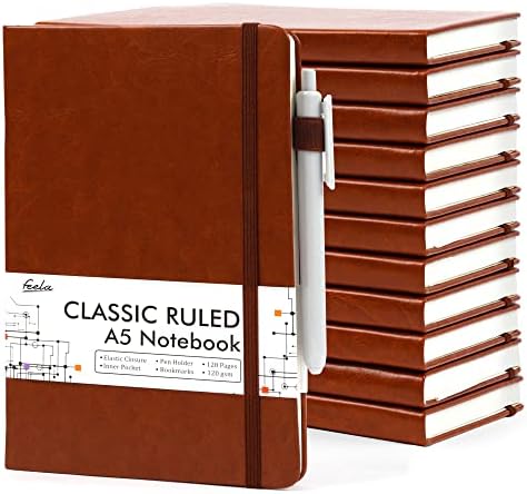 12 Pack Notebooks Journals Bulk with 12 Black Pens, Feela A5 Hardcover Notebook Classic Ruled Journal Set with Pen Holder for School Business Work Travel Writing, 120 GSM, 5.1”x8.3”, Brown by feela