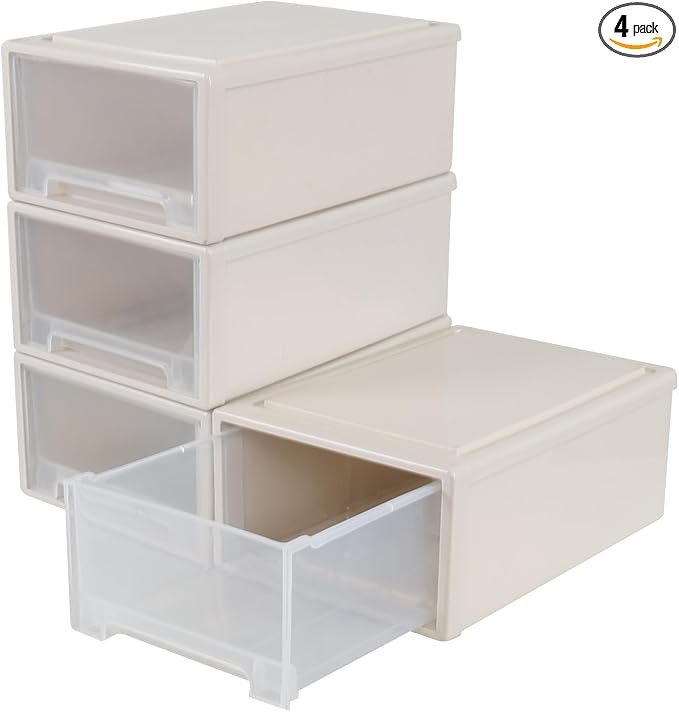 12 Quart Stacking Desktop Storage Drawer Unit Boxes, 4 Packs | Stackable Drawer Bins Organization, Removable, Installation-free by Oymlclivisa