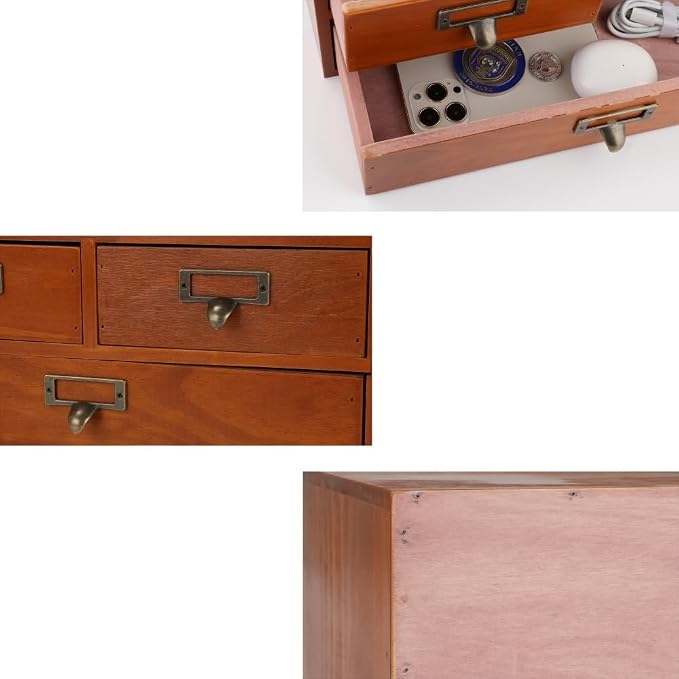 Wooden Drawers Apothecary Cabinet Brown Wood Desktop Organizer Box | Vintage Wooden Storage Box for Apothecary Drawers, Countertop Organizer with Drawer for Library Card Catalog Cabinet - Image 6