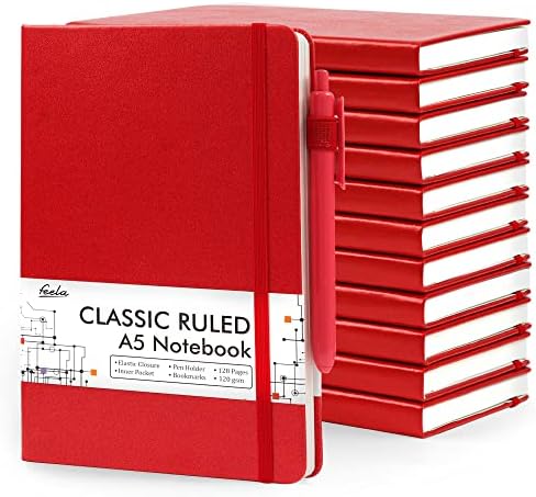 feela 12 Pack Notebooks Journals Bulk with 12 Black Pens, A5 Hardcover Notebook Classic Ruled Journal Set with Pen Holder for School Business Work Travel Writing, 120 GSM, 5.1”x8.3”, Red by feela