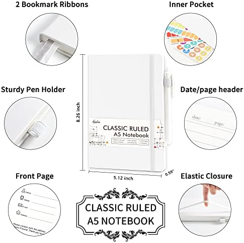 feela 12 Pack Notebooks Journals Bulk, Hardcover Notebook Classic Ruled Lined Journals with Pen Holder for Women Girls School Business Supplies, with 12 Black Pens, 120 GSM, 5.1”x8.3”, A5, White - Image 2