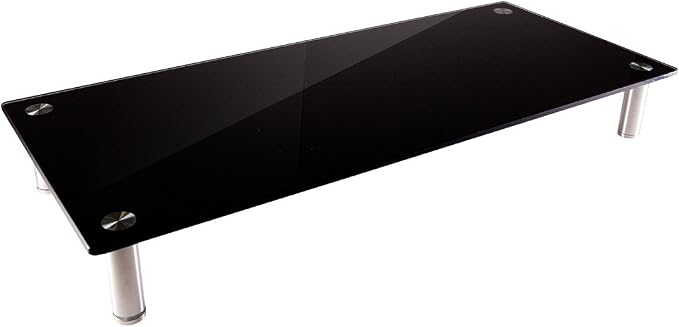 Monoprice Medium Multimedia Desktop Stand, Black Glass (27.6" x 12.2" x 3") - Stand & Riser, Laptop Stand, Desktop TV Stand, Dual Monitors w/ Height Adjustable Legs - Workstream Collection (116360), 25.6" x 11.0" by Monoprice