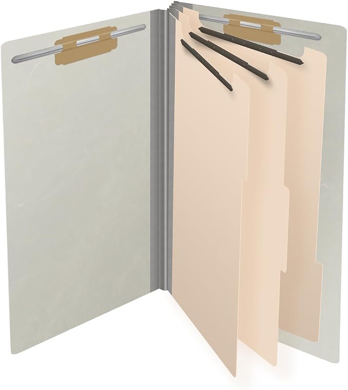 Ecom Folders End Tab Pressboard Classification Folders | Legal Size 25 Pt Type III Stock with 3 Dividers & 3" Tyvek Expansion | 2 Fasteners Pos 1 & 3 for Medical & Office Docs | Light Gray, Box of 10 - Image 4