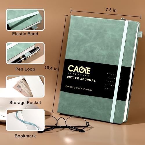 CAGIE Bullet Dotted Journal Notebook 320 Pages 100 GSM Paper Hardcover B5 Dot Grid Notebook Leather Journals for Writing Women Men Work Journaling, Green - Image 5