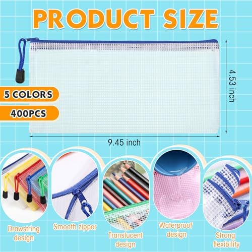 Zhehao 400 Pcs A6 Mesh Zipper Pouch Pencil Pouch with Zipper Waterproof Mesh Storage Bags Small File Bags for Organization Office Supplies, 9.5 x 4.5 Inch (Fresh Color) - Image 2
