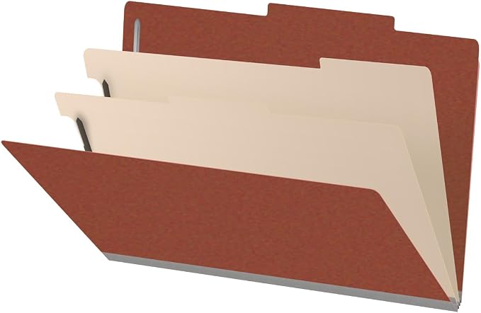 25 Pt. Pressboard Classification Folders, 2/5 Cut ROC Top Tab, Legal Size, 2 Dividers, Brick Red (Box of 10) by Ecom+Folders