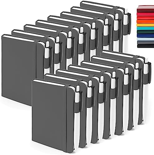 feela 15 Pack Pocket Small Notebooks Bulk, Mini Cute Notepads Hardcover College Ruled Lined Journals with Pen Holder for School Business Memos, with 15 Black Pens, 3.5”x 5.5”, A6, Gray by feela