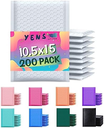 Yens Bulk Color Bubble Mailers Padded Shipping Envelopes, Self-Sealing, Water-Resistant, Multiple Colors, for E-commerce and Business Mailing (White, 10.5" x 16") by YensPackage