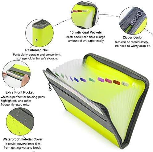 NAFY Expanding File Folders, 2Pack 13 Pockets Document Organizer with Zipper, A4 Letter Size Portable Accordion Expanding File Folders with Multicolor Labels for Office School Supplies (Black+Green) - Image 3