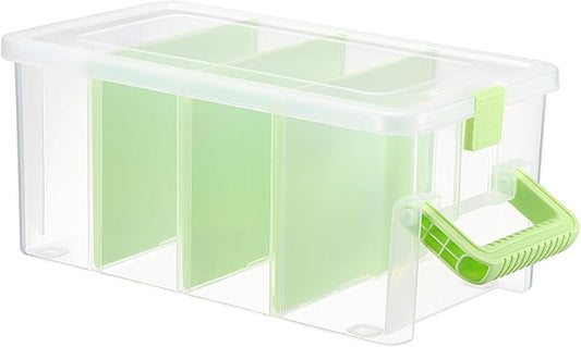 BTSKY Clear Plastic Dividing Storage Box with 4 Deep Compartment Sewing Box | 13.9x7.9x6.2 Inches Adjustable Storage Bin with Lid Portable Craft Container Multipurpose Art Supply Organizer Green by BTSKY
