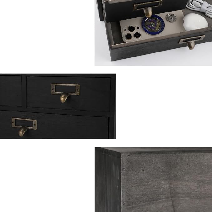 Wooden Drawers Apothecary Cabinet Black Wood Desktop Organizer Box | Vintage Wooden Storage Box for Apothecary Drawers, Countertop Organizer with Drawer for Library Card Catalog Cabinet - Image 6