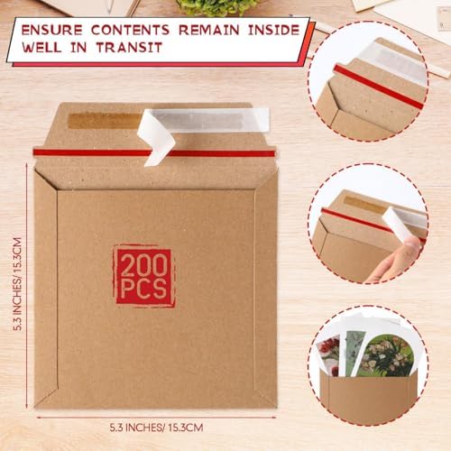Fainne 200 Pcs 6 x 6'' Rigid Mailers 400 GSM Keep Flat Cardboard Mailers Shipping Cardboard Envelopes Disc DVD CD Envelopes with Self Adhesive Flap and Tear off Strip for Mailing Photo (Brown) - Image 2