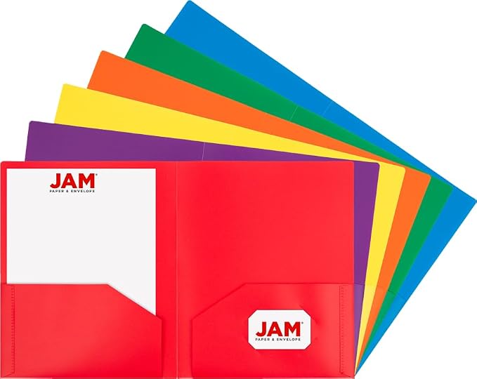 JAM PAPER Heavy Duty Plastic 2 Pocket Extra Tough School Folders - Assorted Primary Colors - 12 Folders/Pack (2 Assorted Packs of 6) by JAMPaper