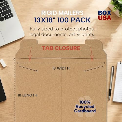 BOX USA Rigid Mailers 13" x 18" (100-Pack) - Cardboard Mailer Envelopes for Posters, Photos, Presentation Materials - Stay Flat - Image 2