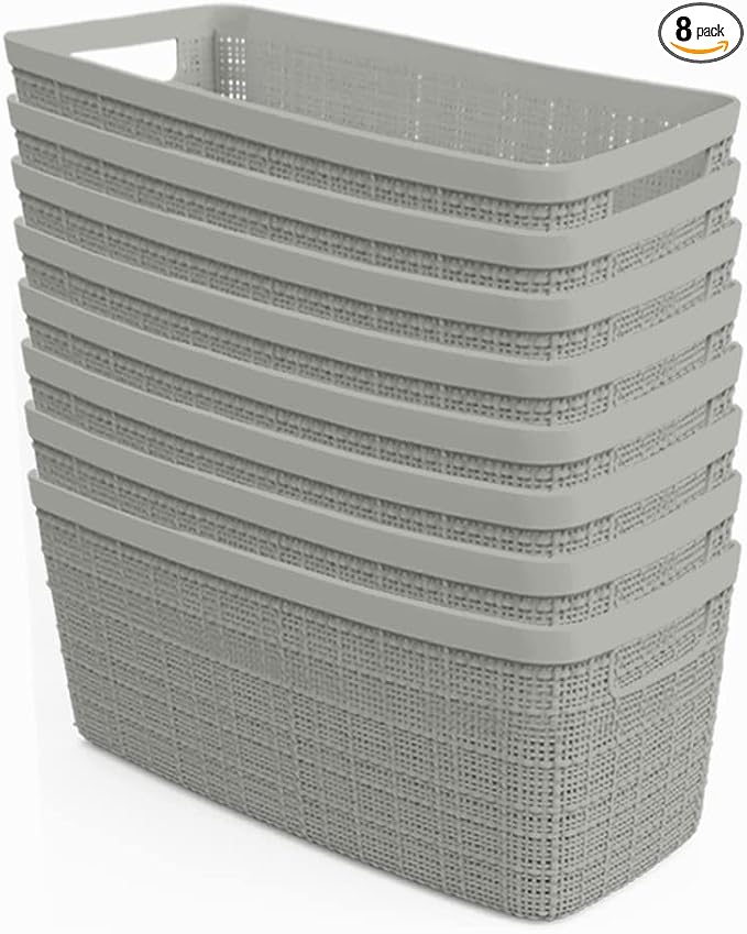 Curver Set of 8 Slim 6.8L Jute Decorative Plastic Organization and Storage Baskets - Perfect Bins for Home Office, Closet Shelves, Kitchen Pantry and All Bedroom Essentials, Grey by Unknown
