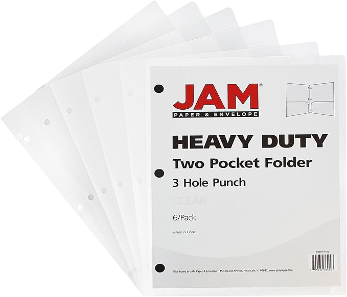 JAM PAPER Heavy Duty Plastic 3 Hole Punch Pocket Folders - Extra Tough School Folders - Clear - 6/Pack - Image 2