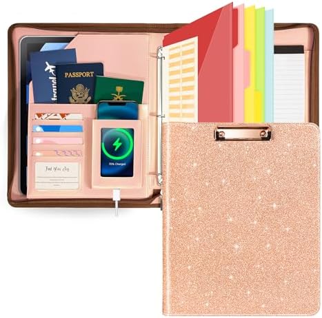 Leather Clipboard with Storage, Zippered Padfolio Portfolio Organizer, 3 Ring Binder 1 Inch, Notepad, Tablet Sleeve, 5 Dividers with Pocket, Stickets for Office, Nurses, Students, Teachers Rose Gold by OspelelfOfficeSupplies