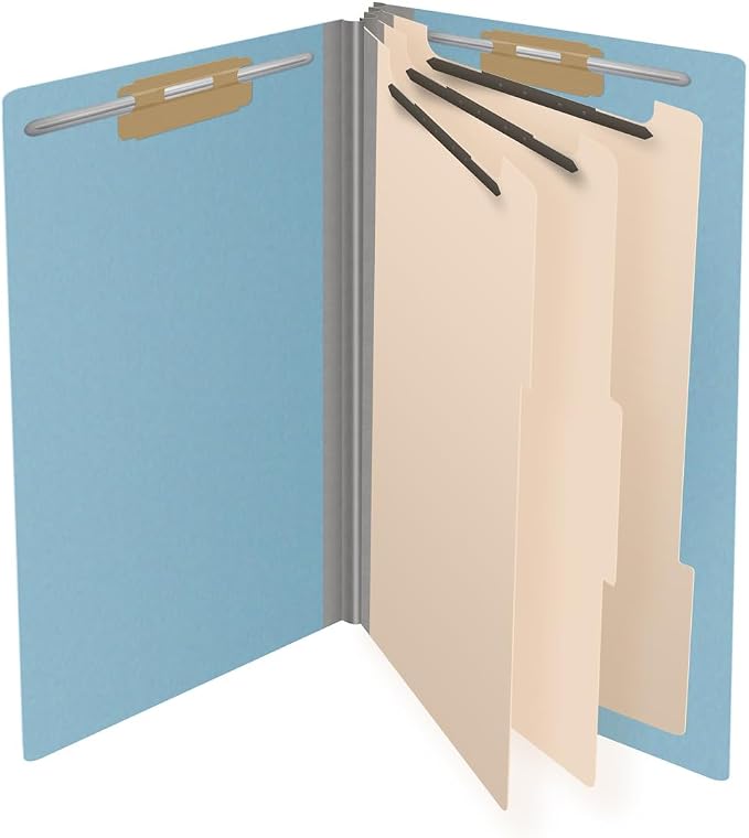 Ecom Folders End Tab Pressboard Classification Folders | Legal Size 25 Pt Type III Stock with 3 Dividers & 3" Tyvek Expansion | 2 Fasteners Pos 1 & 3 for Medical & Office Docs | Blue, Box of 10 - Image 4