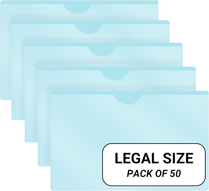 Doctor Stuff- 50 Pack, Vinyl Plastic Pocket File Folders Closed Sides, Legal Size, Clear Front Top Loading Job Jacket, Documents Holder for Office, High School and Medical Files, Light Blue by DoctorStuff