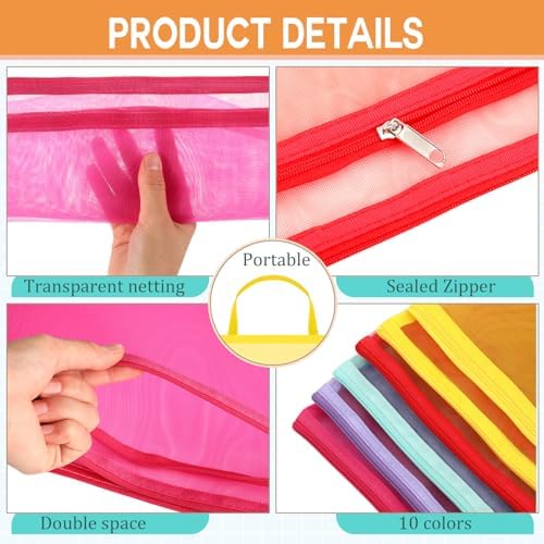 Marspark 30 Pack Bright Color Mesh Zipper Pouch Bags A4 Nylon Organizing Bags Breathable See Through Zipper Pouch with Handle for Office Games - Image 3