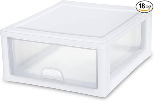 Sterilite Stacking Drawer Storage Organizer for Clothes, 16 Quart, 18-Pack | White Frame, Stackable Modular Clear Plastic Drawers & Containers for Clothing, Accessories, Craft Supplies, Shoes or Linens by Sterilite