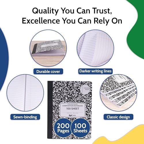 48 Pack - EPI College Ruled Composition Notebook Black - 200 Pages (100 Sheets), 9-3/4 x 7-½ - Classroom Back to School Supplies, Heavy Duty, Durable Hardcover Office Notebooks, Sewn - Image 2