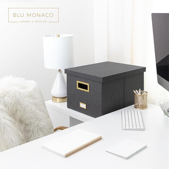 BLU MONACO | Desktop Hanging File Organizer Box with Lid | Hanging File Organizer for Desk in Grey Linen | File Bins with Lids for School and Office Storage - Image 3