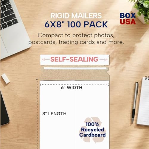 BOX USA Rigid Mailers 6" x 8" (100-Pack) - Cardboard Mailer Envelopes for Photos, Trading Cards, Small Prints - Stay Flat - Image 2