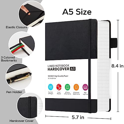 Hardcover Lined Notebook Journal for Writing, 320 Pages Leather Thick College Ruled Notebook Journal with 100GSM Paper, A5 (5.7'' X 8.4'') Daily Journal for Women Men Work Organization, Black - Image 2