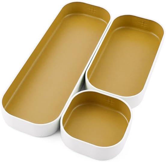 Three by Three Seattle 3 Piece Shallow Metal Organizer Tray Set for Storing Makeup, Stationery, Utensils, and More in Office Desk, Kitchen and Bathroom Drawers (1 Inch, Gold and White) by ThreebyThreeSeattle