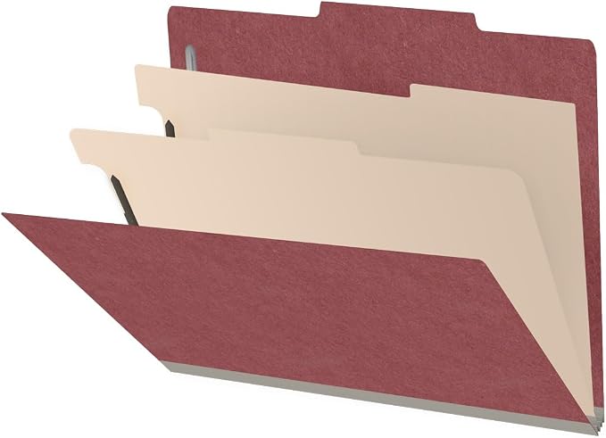 25 Pt. Pressboard Classification Folders, 2/5 Cut ROC Top Tab, Letter Size, 2 Dividers, Dark Red (Box of 10) by Ecom+Folders