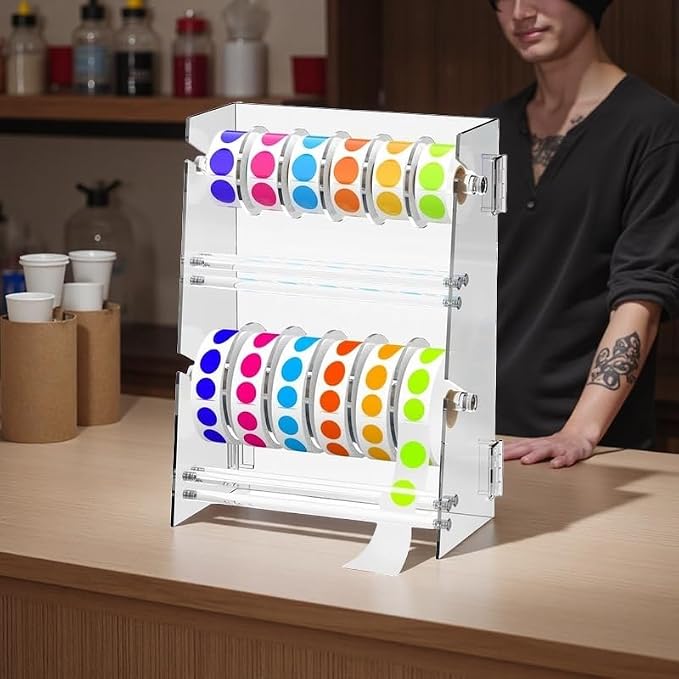 Label Dispenser 12 Disks Acrylic Sticker Dispenser Label Roll Holder(Clear) | Multi-Use Adjustable Double-Layer Sticker Holder Organizer, Stable Desktop Sticker Stand Label Holders for Home Office - Image 7