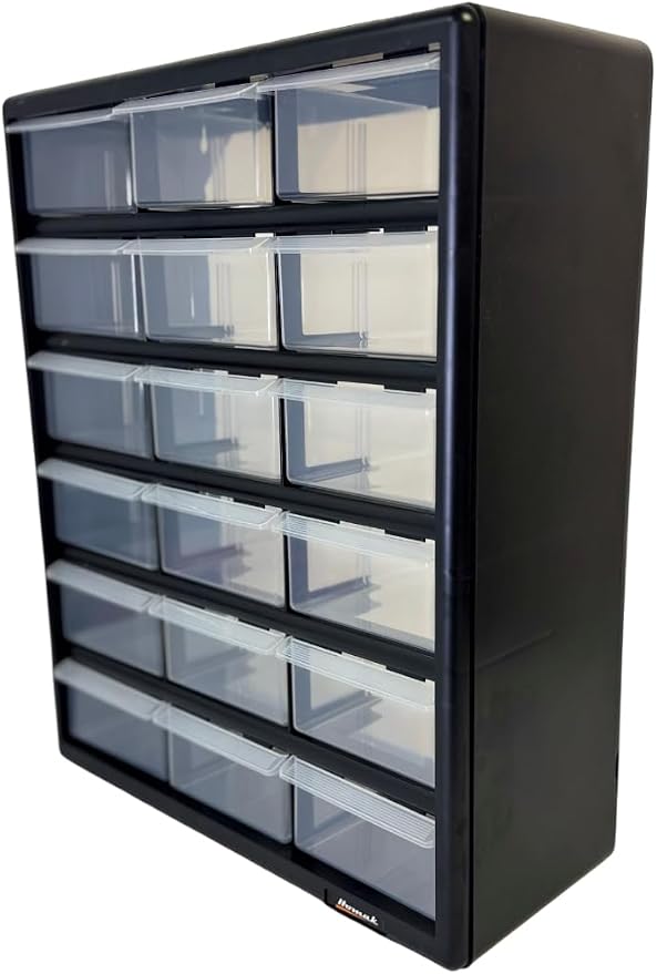 Homak 18-Drawer Parts Organizer, Black, Wall Mountable, Clear Plastic Drawers, HA01018001 - Image 3
