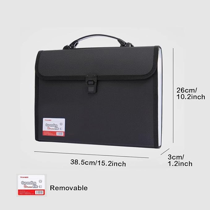Extra Large Legal Size/Foolscap 12 Pockets Accordion File Organizer with Handle, TRANBO Portable Expanding File Folder, Expandable Plastic Document Organizer for Travel School Office - Black - Image 2