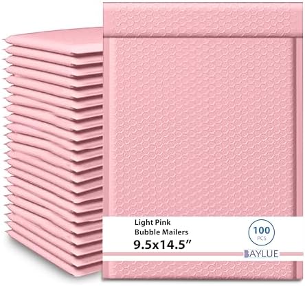 Light Pink Bubble Mailers 9.5x14.5, Poly Padded Envelopes #4, 100 Pack by BAYLUE