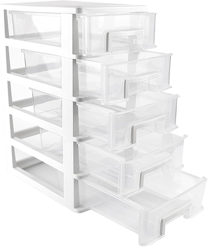 5 Tier Plastic Drawer Type Closet,Portable Storage Cabinet Sundries Storage Cosmetics Jewelry Storage Box for Home Office（White） by LNQ+LUNIQI