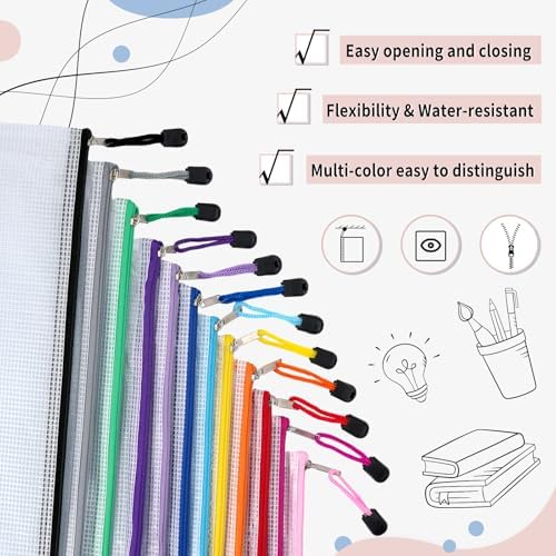 EOOUT 72pcs Mesh Zipper Pouch, A4 Size, 12 Colors Zipper Bags for Organizing Storage, Waterproof Puzzle Bag, Zipper File Bags for Board Games and School Office Supplies - Image 3