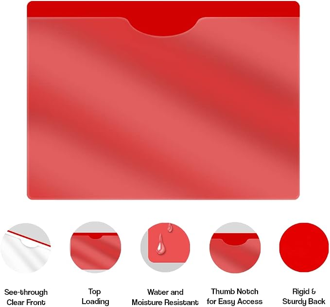 Red Vinyl Pocket Folders, Doctor Stuff, Closed Sides, Letter Size, Clear Front Top Loading Job Jacket, Documents Holder for Office, High School and Medical Files, Pack of 25 - Image 4