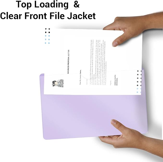 Doctor Stuff- 25 Pack, Vinyl Plastic Pocket File Folders Closed Sides, Legal Size, Clear Front Top Loading Job Jacket, Documents Holder for Office, High School and Medical Files, Lavender - Image 5