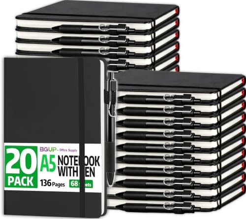 BGUP 20 Pack Lined Journal Notebook with Pen, A5 Hardcover Leather Journal 5.5"*8.3", Black 136 Pages College Ruled Notebooks and Pen Set for Office School Business Supplies by BGUP