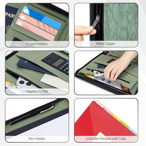 Ospelelf Green Leather Portfolio Binder 3 Ring, Zippered Clipboard Folder with Storage - 5 Dividers with Pocket, Padfolio for Women,12.1” Tablet Sleeve, Refillable Notepad, Card Slot - Image 4